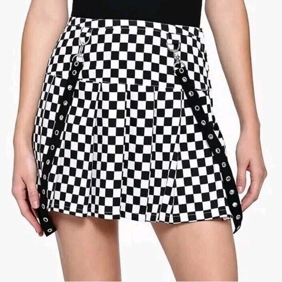 HOT TOPIC Silver Grommet Pleated Checkered Suspender Skirt Dress Black White  L - Picture 1 of 12